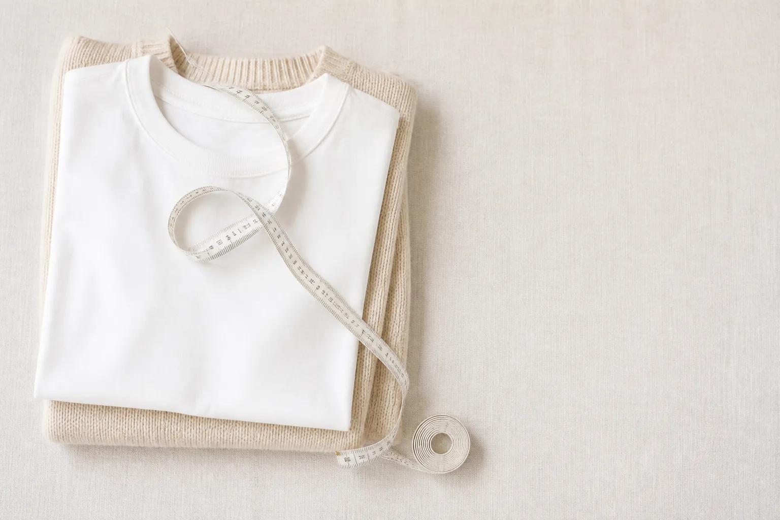 Neatly folded plain clothing with a soft tape measure laid on top, on a light surface